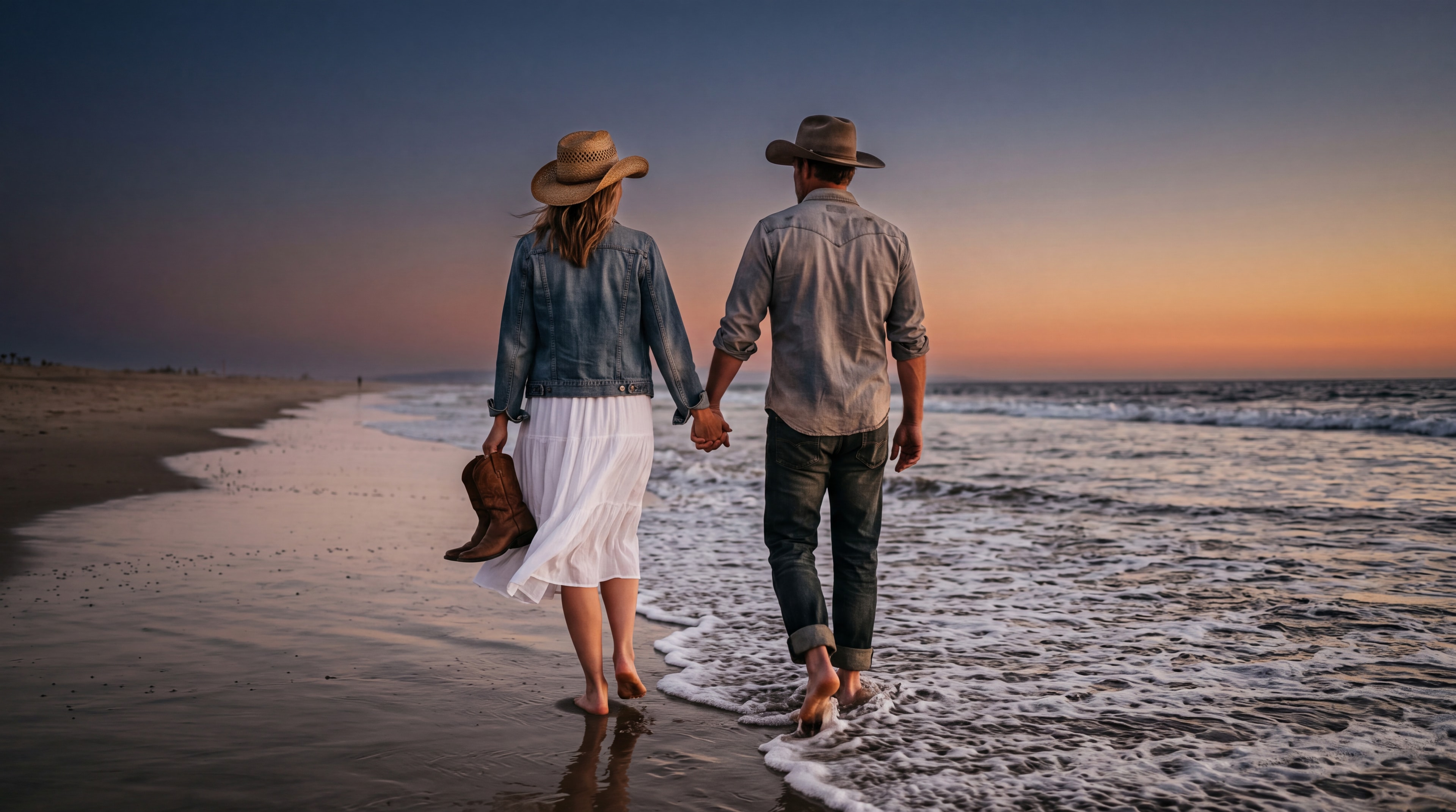 A couple in Western hats and denim walking barefoot along a Southern California beach at sunset.